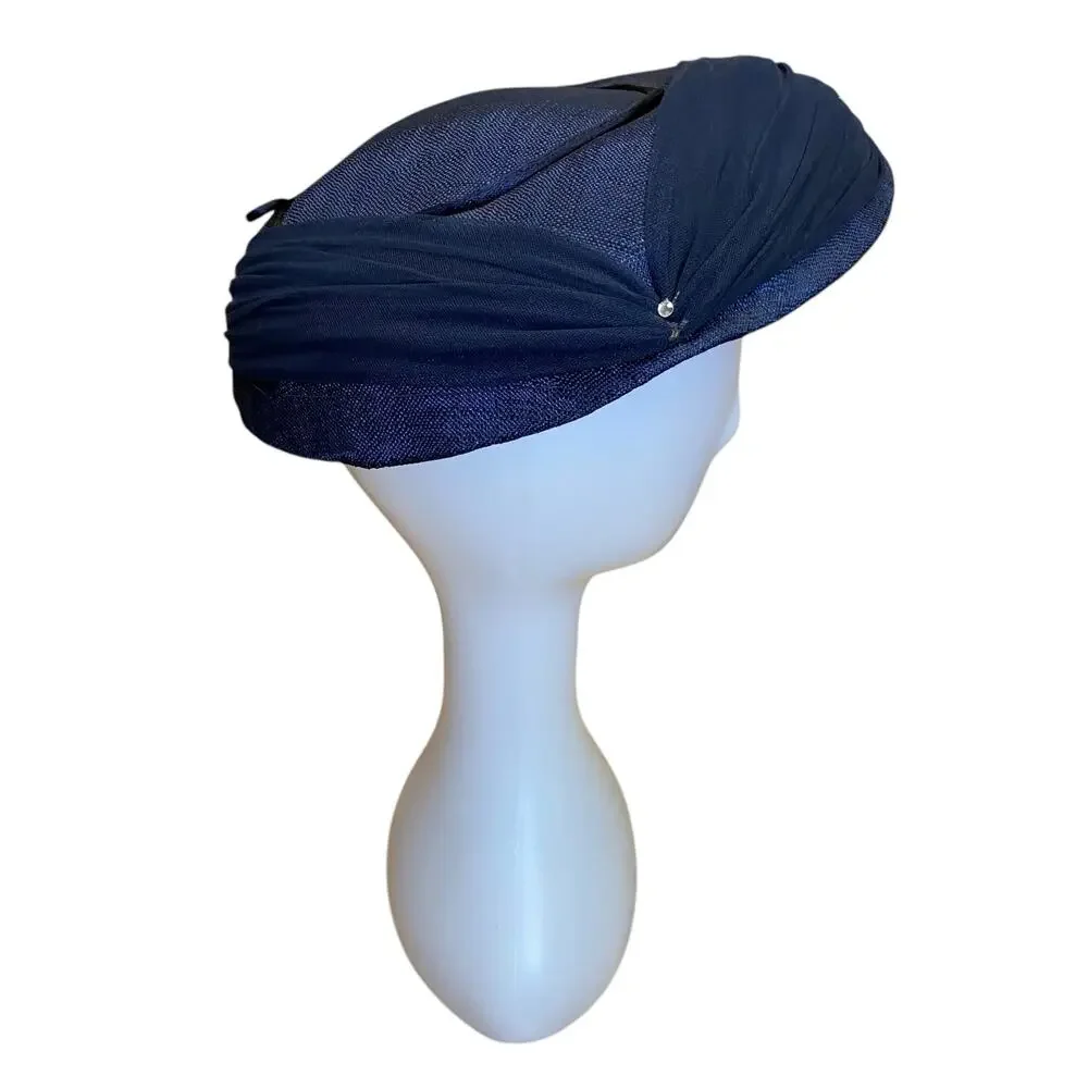 Vintage 1950s Navy Blue Saucer Hat Chiffon Rhinestone Tilt Hat - Picture 2 of 6